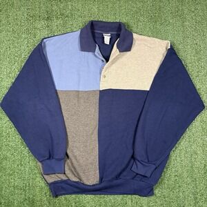 Vintage Pro Spirit Mens Colorblock Polo XL Blue Long Sleeve 80s Sweatshirt